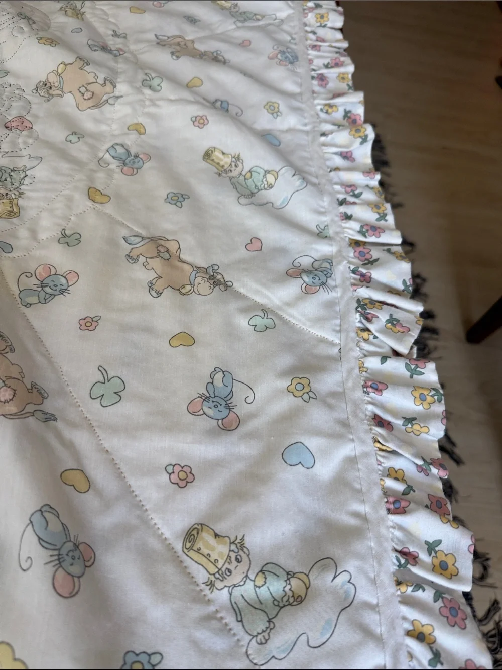 Vintage Precious Moments Quilted Baby Blanket with Ruffle Trim approx 50inX34in